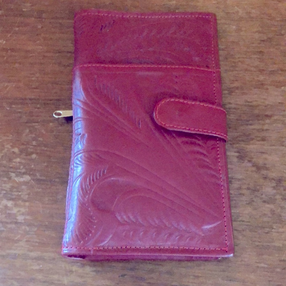 $149 Leaders in Leather Dark Red hand tooled leather check book wallet